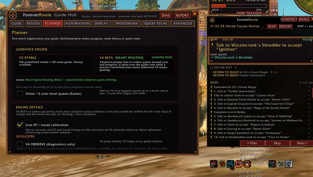 Current ForeverRoute Planner V4 and Live Quest Guide inside WoW Forever