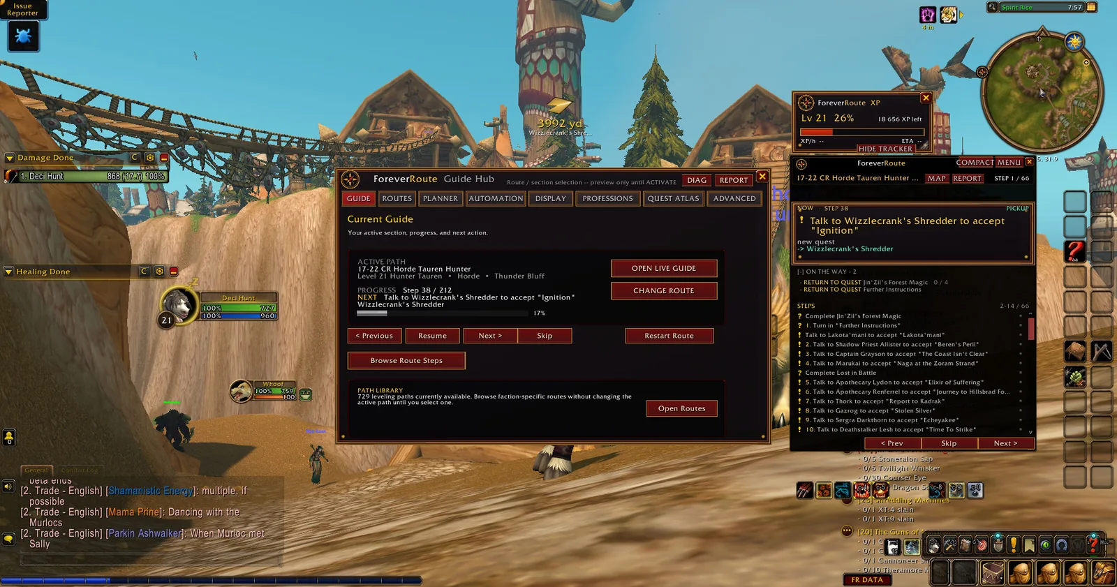 Real WoW Forever gameplay screenshot showing ForeverRoute Guide Hub & Routes