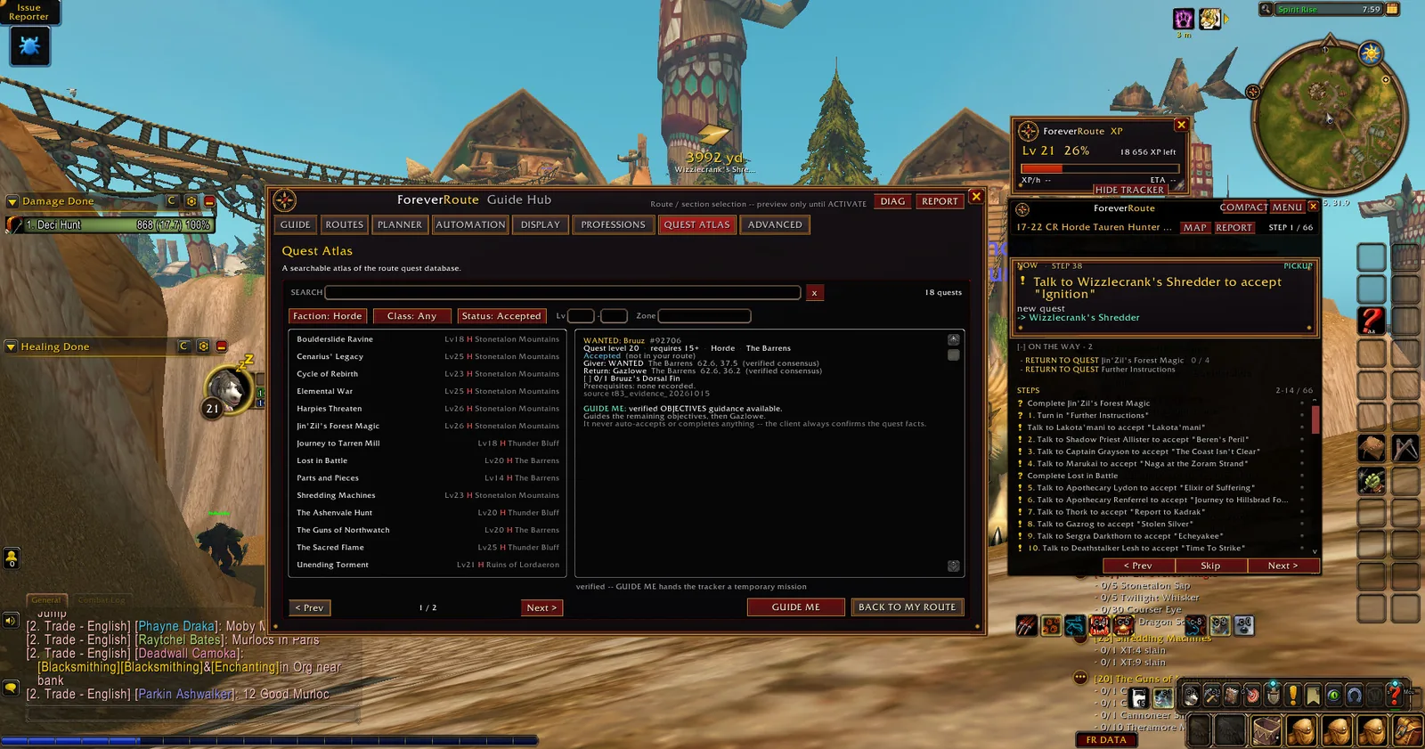 Real WoW Forever gameplay screenshot showing ForeverRoute Quest Atlas